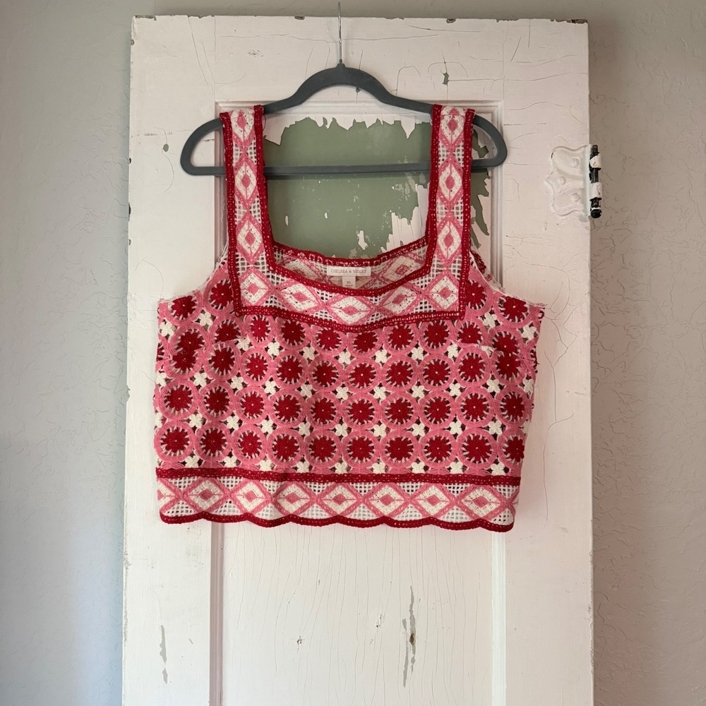 Chelsea & Violet Red Pink Crochet Knit Crop Tank XL Boho Festival Square Neck